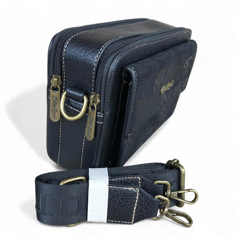 BLACK PU Leather Cotton Road Sling Bag with FLORAL Print Pocket