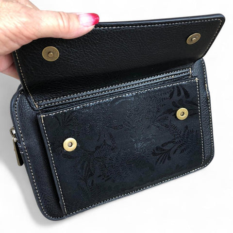 BLACK PU Leather Cotton Road Sling Bag with FLORAL Print Pocket