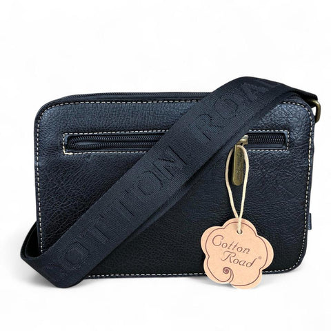 BLACK PU Leather Cotton Road Sling Bag with FLORAL Print Pocket