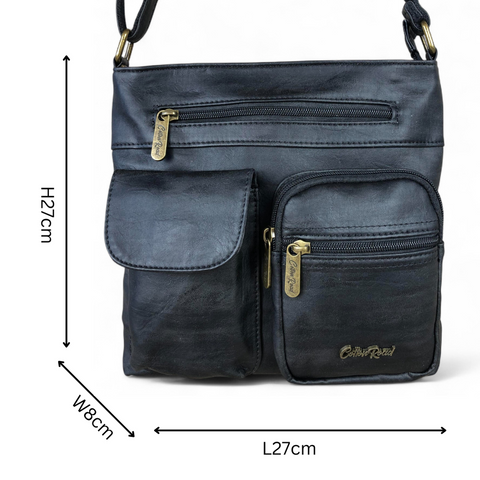 BLACK PU Leather Cotton Road Sling Bag with Pockets