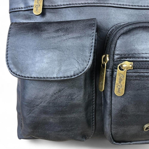 BLACK PU Leather Cotton Road Sling Bag with Pockets