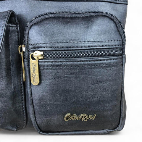 BLACK PU Leather Cotton Road Sling Bag with Pockets