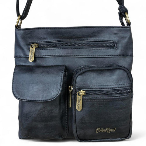 BLACK PU Leather Cotton Road Sling Bag with Pockets