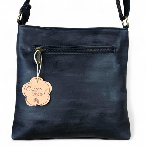 BLACK PU Leather Cotton Road Sling Bag with Pockets