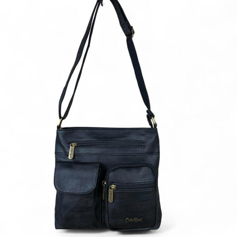 BLACK PU Leather Cotton Road Sling Bag with Pockets