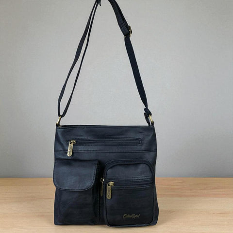 BLACK PU Leather Cotton Road Sling Bag with Pockets