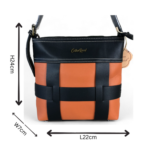 BLACK and TAN PU Leather Cotton Road Sling Bag with STRAP detailing