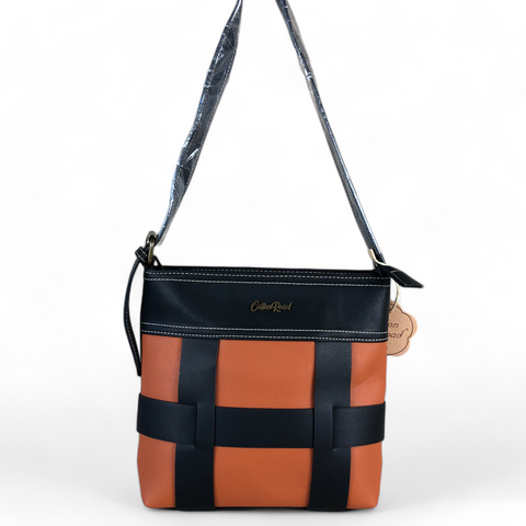 BLACK and TAN PU Leather Cotton Road Sling Bag with STRAP detailing