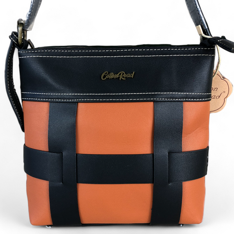 BLACK and TAN PU Leather Cotton Road Sling Bag with STRAP detailing