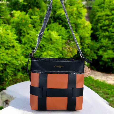 BLACK and TAN PU Leather Cotton Road Sling Bag with STRAP detailing