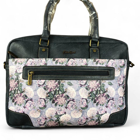BLUE Cotton Road PU Leather Laptop Bag with FLORAL Panel