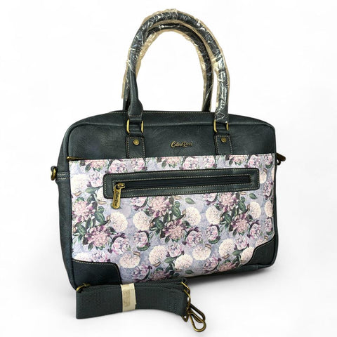 BLUE Cotton Road PU Leather Laptop Bag with FLORAL Panel