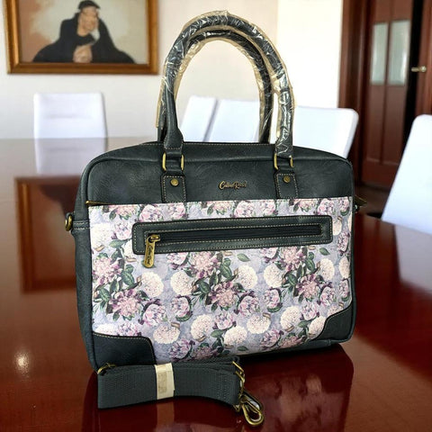 BLUE Cotton Road PU Leather Laptop Bag with FLORAL Panel
