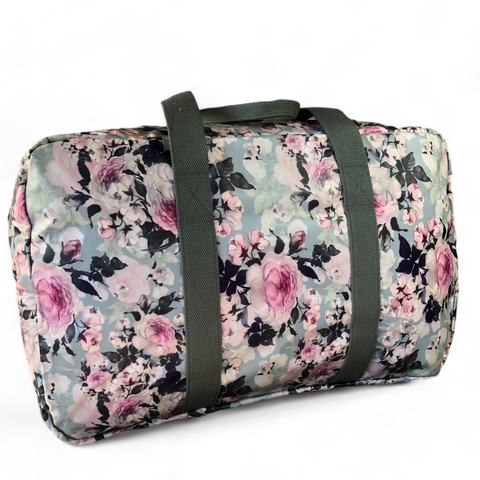 BLUE PVC Foldaway WEEKENDER Cotton Road Travel Bag with FLOWERS