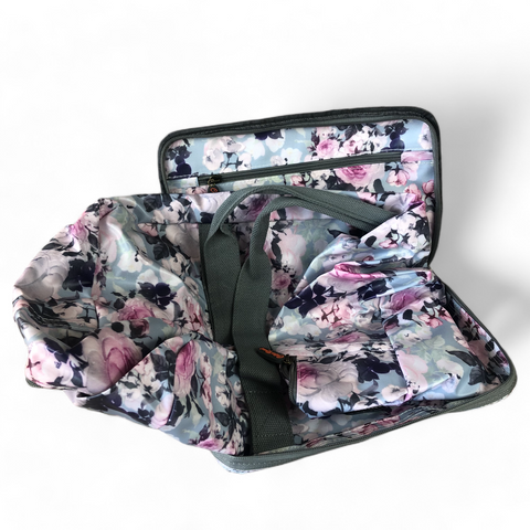 BLUE PVC Foldaway WEEKENDER Cotton Road Travel Bag with FLOWERS