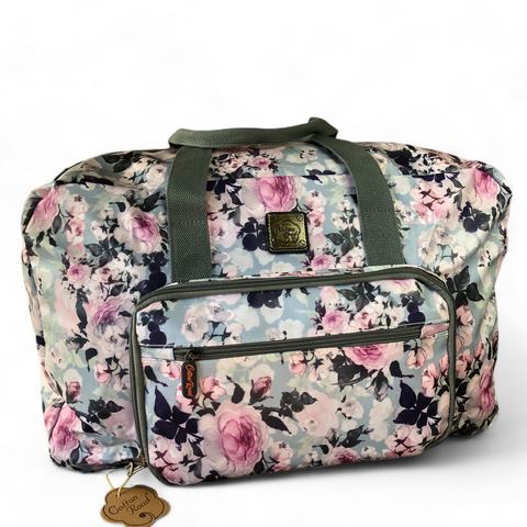 BLUE PVC Foldaway WEEKENDER Cotton Road Travel Bag with FLOWERS