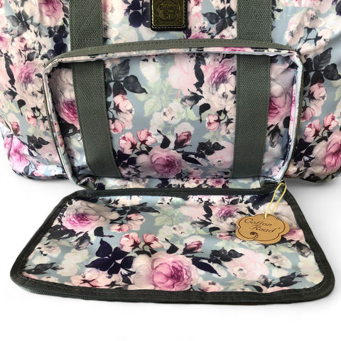 BLUE PVC Foldaway WEEKENDER Cotton Road Travel Bag with FLOWERS