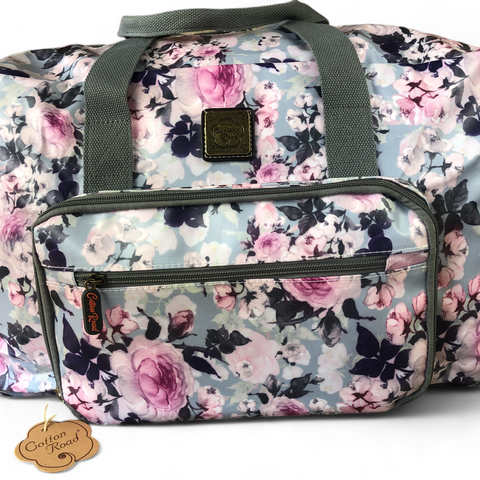BLUE PVC Foldaway WEEKENDER Cotton Road Travel Bag with FLOWERS