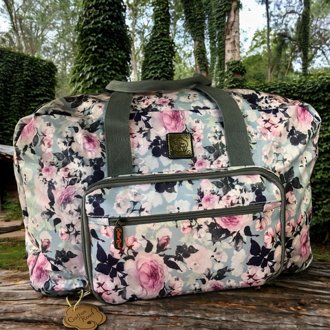BLUE PVC Foldaway WEEKENDER Cotton Road Travel Bag with FLOWERS