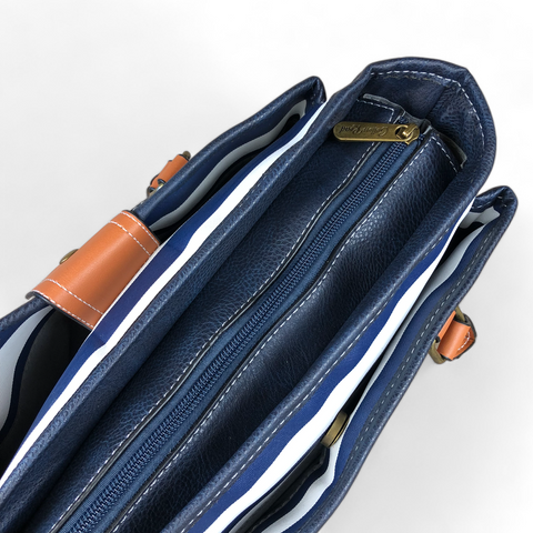 BLUE and WHITE PVC Cotton Road Handbag with STRIPES and TAN Trim with matching WALLET COMBO