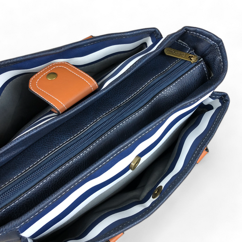 BLUE and WHITE PVC Cotton Road Handbag with STRIPES and TAN Trim with matching WALLET COMBO