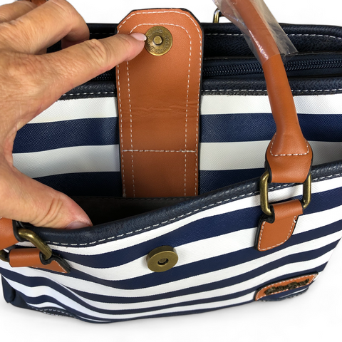 BLUE and WHITE PVC Cotton Road Handbag with STRIPES and TAN Trim with matching WALLET COMBO