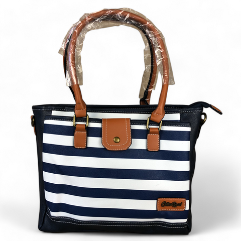 BLUE and WHITE PVC Cotton Road Handbag with STRIPES and TAN Trim with matching WALLET COMBO