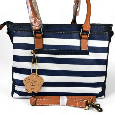 BLUE and WHITE PVC Cotton Road Handbag with STRIPES and TAN Trim with matching WALLET COMBO