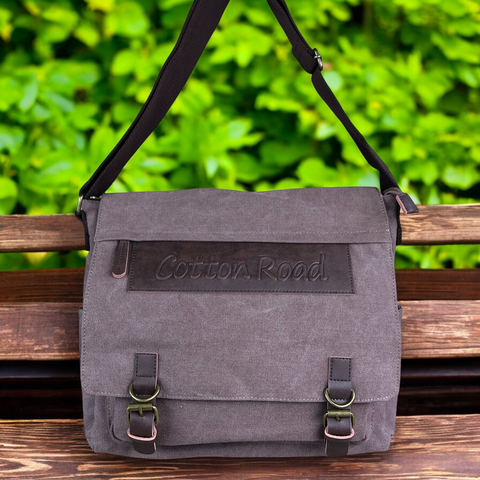BROWN BRANDED Cotton Road Canvas 15,6" Laptop Bag with BROWN PU Leather TRIM
