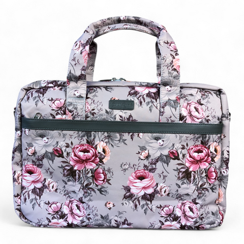BROWN Canvas FLORAL Cotton Road Laptop Bag with GREY Trim and Matching Sleeve COMBO