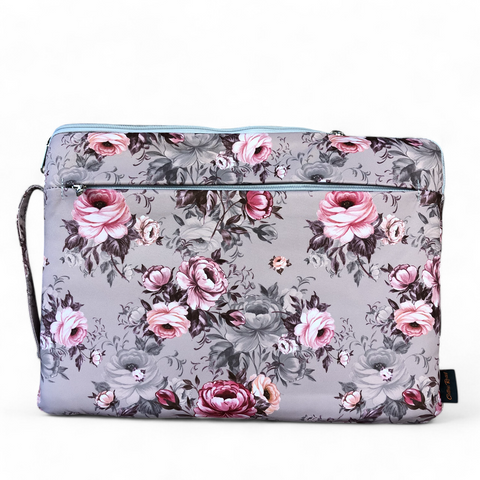BROWN Canvas FLORAL Cotton Road Laptop Bag with GREY Trim and Matching Sleeve COMBO