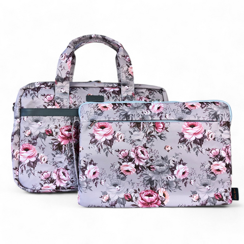 BROWN Canvas FLORAL Cotton Road Laptop Bag with GREY Trim and Matching Sleeve COMBO