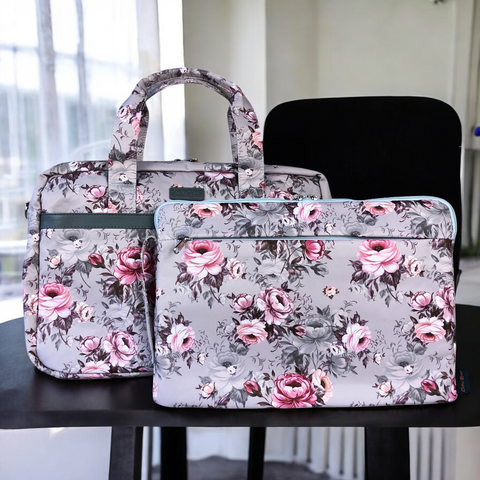 BROWN Canvas FLORAL Cotton Road Laptop Bag with GREY Trim and Matching Sleeve COMBO