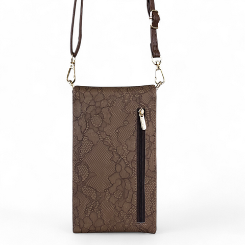 BROWN Cotton Road PU Leather Cellphone Sling Bag/Wallet with LACE Print