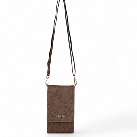 BROWN Cotton Road PU Leather Cellphone Sling Bag/Wallet with LACE Print