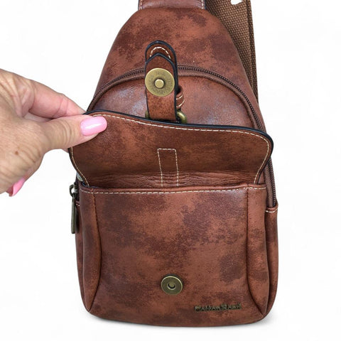 BROWN Cotton Road PU Leather Cross Body Bag / Mini Backpack