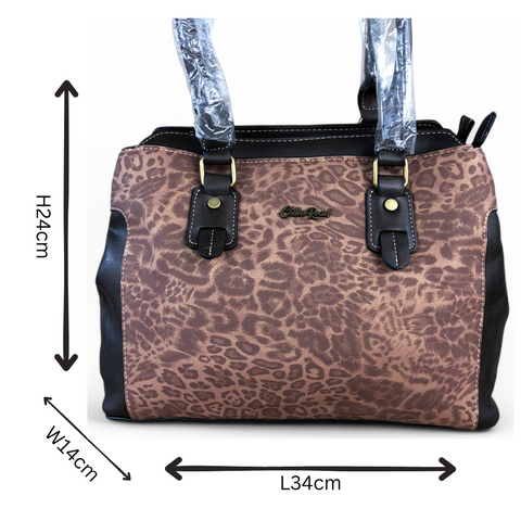 BROWN Cotton Road PU Leather Handbag with Leopard Print Panel