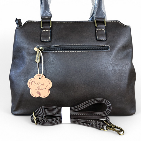 BROWN Cotton Road PU Leather Handbag with Leopard Print Panel
