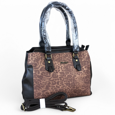 BROWN Cotton Road PU Leather Handbag with Leopard Print Panel