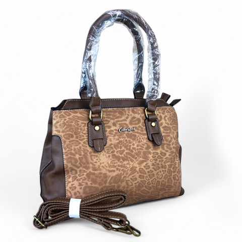 BROWN Cotton Road PU Leather Handbag with Leopard Print Panel and Matching Wallet COMBO (Copy)