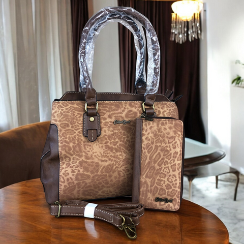 BROWN Cotton Road PU Leather Handbag with Leopard Print Panel and Matching Wallet COMBO (Copy)