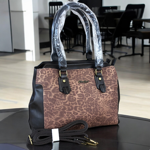 BROWN Cotton Road PU Leather Handbag with Leopard Print Panel