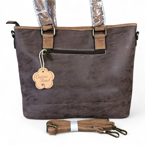BROWN Cotton Road PU Leather Handbag with PATTERN Print detailing
