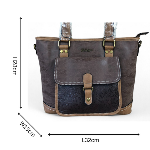 BROWN Cotton Road PU Leather Handbag with PATTERN Print detailing