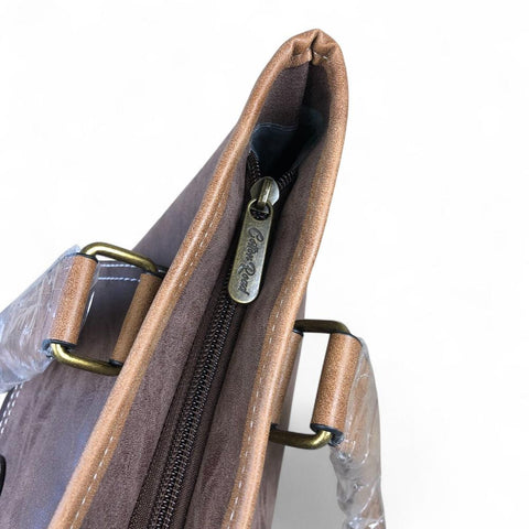 BROWN Cotton Road PU Leather Handbag with PATTERN Print detailing