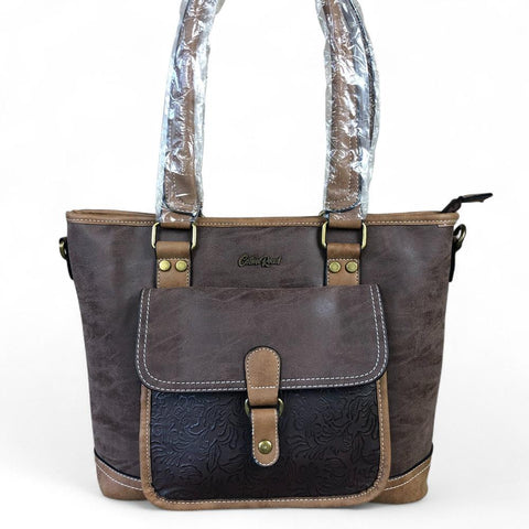 BROWN Cotton Road PU Leather Handbag with PATTERN Print detailing