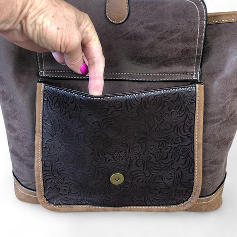 BROWN Cotton Road PU Leather Handbag with PATTERN Print detailing