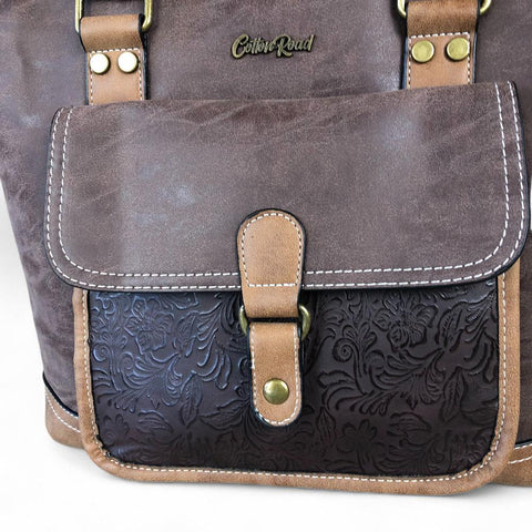 BROWN Cotton Road PU Leather Handbag with PATTERN Print detailing