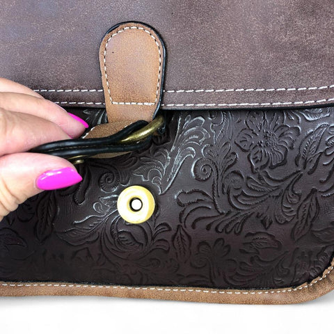 BROWN Cotton Road PU Leather Handbag with PATTERN Print detailing
