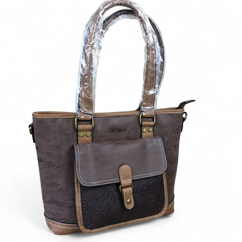 BROWN Cotton Road PU Leather Handbag with PATTERN Print detailing
